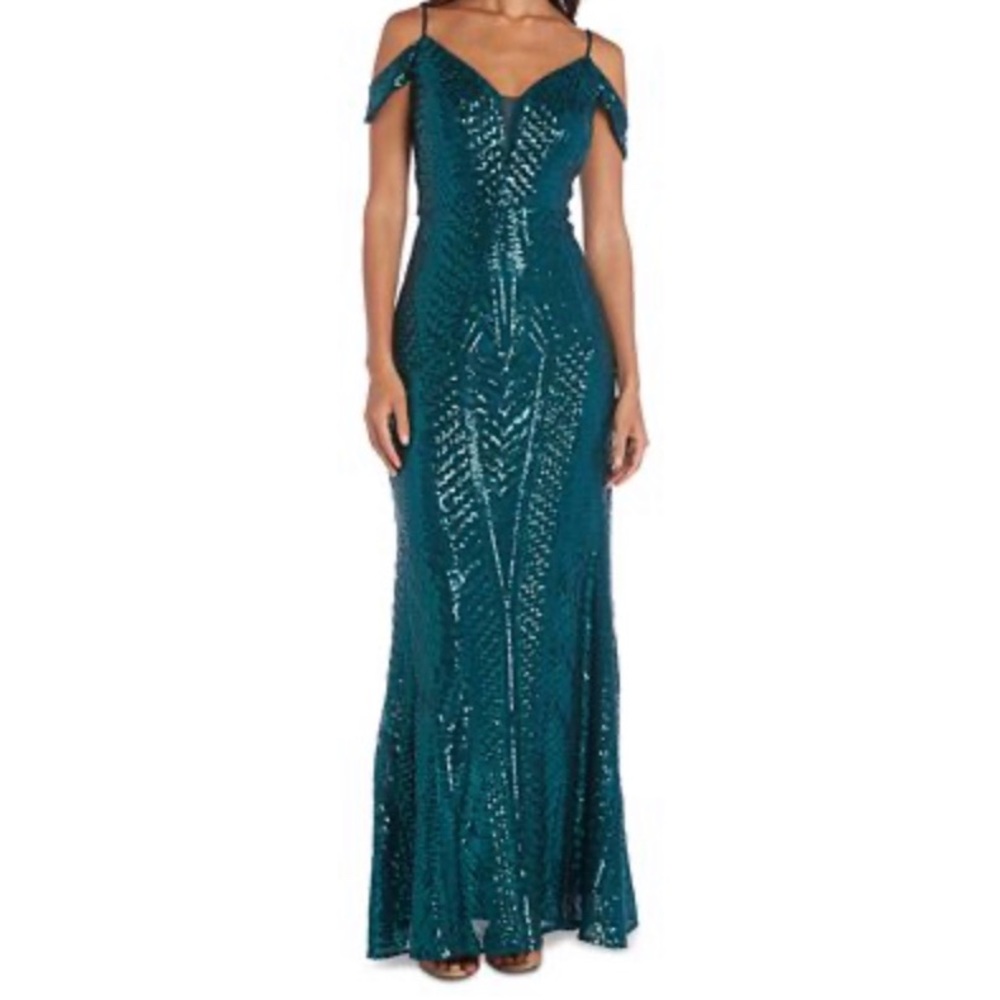 Nightway Emerald Sequin Cold-Shoulder Gown
